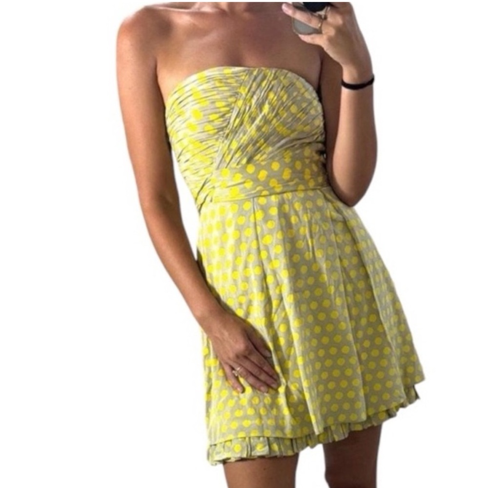 Alice +Olivia Yellow Gray Strapless Mini Dress Silk Ruffled Polka Dot Sz Large